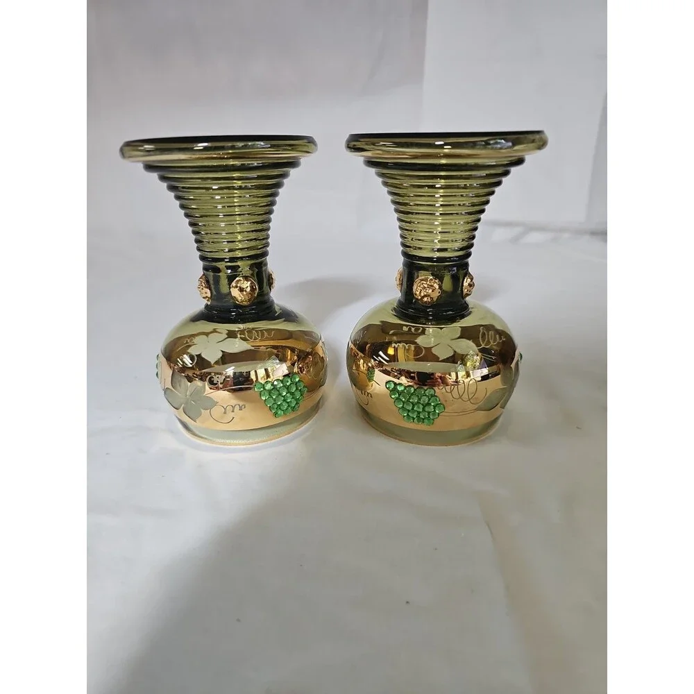 vintage german roemer Wiesbaden beehive gold green barware grapevine pattern